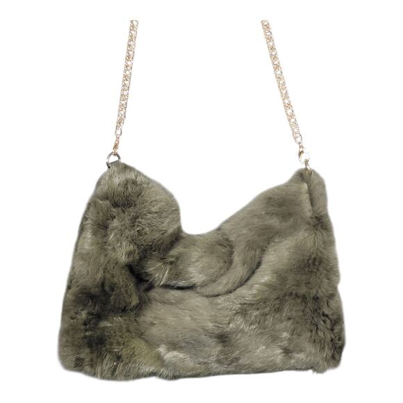 Faux Fur Shoulder Crossbody Bag with Gold Tone Chain Strap Winter Cozy Green - Picture 3 of 11